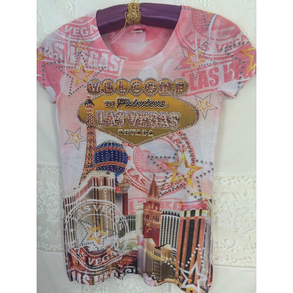 Y2K Pink Bedazzled Vegas Graphic Indie‎ Sleeze Streetwear Baby Tee Size S